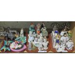 Three trays of figures including Goebel, Wedgwood, crested china including Shelley, Goss, a set of 3