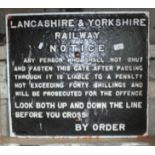 A cast metal sign from Lancashire and Yorkshire railway warning of penalty for not closing gate.