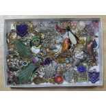 A box of costume jewellery including animal brooches, silver, micro mosaic, badges etc.