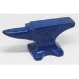 A blue painted Record 100 Years miniature anvil, length12.5cm.