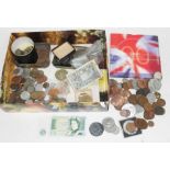A box of various coins and notes, GB and world including a Victoria 1891 crown, an uncirculated £1