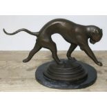 A modern Art Deco style bronzed finish panther on marble plinth, length 45cm.