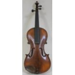 An antique violin, two piece back, length 355mm. Condition - ding/split to left side, various old