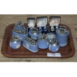 Wedgwood Jasper ware comprising nine table lighters, five thimbles and a compact.