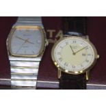 Two gent's quartz wristwatches: a gold plated Rotary with 18mm Hirsch leather strap and Rotary box