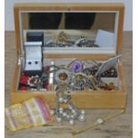 A jewellery box and contents comprising a quantity of costume jewellery including silver, cultured