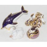 A group of three Royal Crown Derby paperweights comprising a seahorse, a dolphin and a mouse,