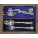 A mixed lot of hallmarked silver comprising a cased fork and spoon, two mustard spoons and another