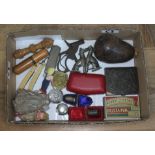 A tray of bric a brac including a vegetable ivory needle case, a level in treen case, two hallmarked