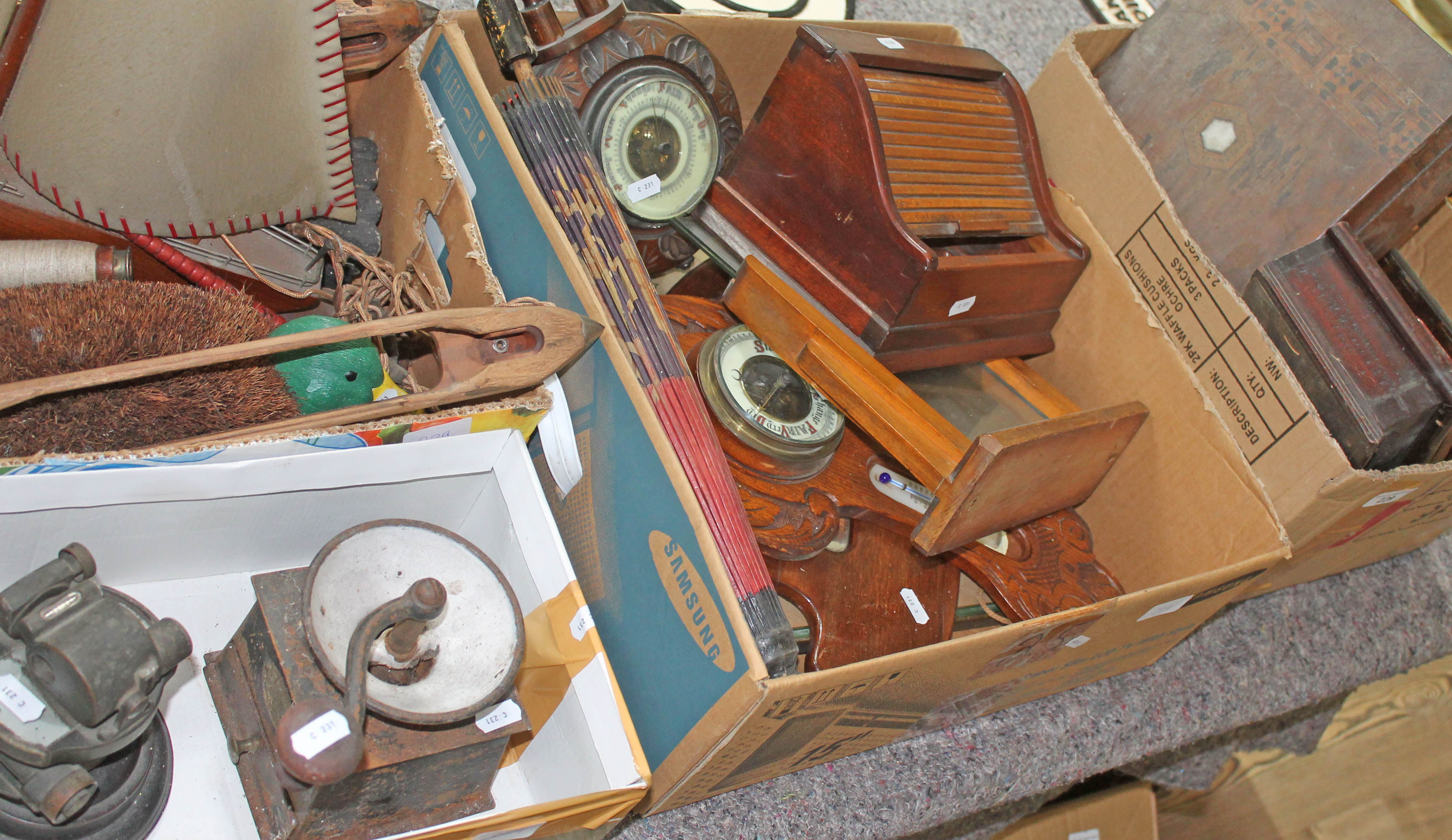 4 boxes of mixed items, including vintage tins, inlaid boxes, barometers, stationery box, flying