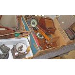 4 boxes of mixed items, including vintage tins, inlaid boxes, barometers, stationery box, flying