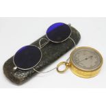 A 19th century git brass cased pocket barometer signed 'Sewill Liverpool' and a pair of blue lens