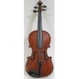 A student violin circa 1900, two piece back, length 334mm. Condition - good, appears damage/repair