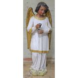 A large plaster and wood figure depicting an angel, height 87cm. Condition - various losses, repairs