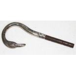 A hallmarked silver mounted parasol handle formed as a swan's head and neck. Condition - one eye