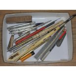A quantity of propelling pencils and pens including hallmarked silver, Japanese, Stanhope etc.
