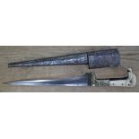 A 19th century Indo Persian Pesh Kabz/Choora dagger, T section blade, bone handle, oil can