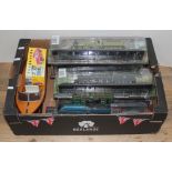 A box of toys and models including six Amer locomotive models, a model wooden boat a Vanguards die-
