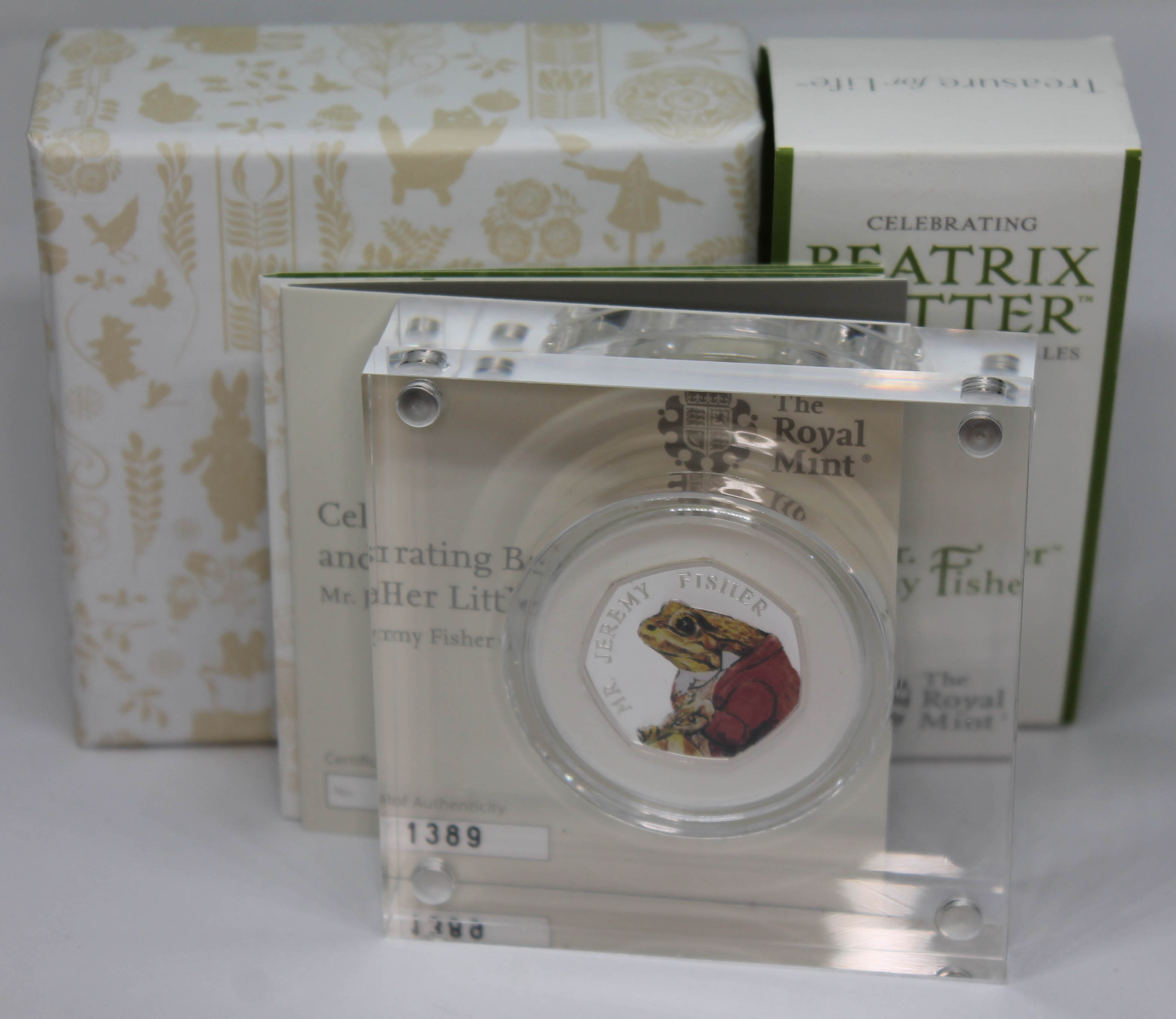 Royal Mint Beatrix Potter Jeremy Fisher 2017 silver proof 50p coin, boxed with certificate.