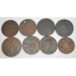 A collection of copper tokens including Mail Coaches, Southampton half penny, Portsea half penny,