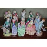 A tray contaiing 16 small Royal Doulton figures including Wee Willie Winkie, Lights out, Jack, and