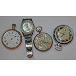 A group of four watches comprising a vintage stainless steel Buler Nivarox, a silver pocket watch, a