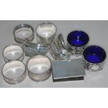 A mixed lot of hallmarked silver comprising a pair of pierced salts with blue glass liners,