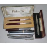 Assorted pens and pencils including a boxed Parker 51 pen and pencil set, a hallmarked silver Yard-