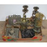 A mixed lot comprising mainly brassware including miners lamp, ornate twist candlesticks, inkwell,