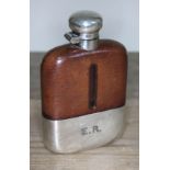 A silver plated and leather bound hip flask, makers stamp 'Despatch', Sheffield, height 14cm.
