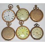 A group of six gold plated pocket watches.