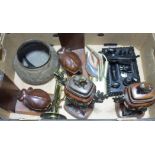 A box of mixed metal ware and treen including elephant book ends, ebonised desk stand, a pair of