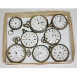 A group of eight pocket watches including imported silver, coin silver and silver plated.