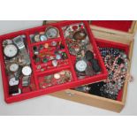 A jewellery box and contents including watches, yellow metal, silver, beads, costume jewellery etc.