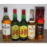 Five bottles of blended Scotch whisky comprising Bell's 1ltr, 2x Justerini & Brooks Rare blend