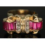 A diamond and ruby cluster ring, cluster length 21mm, unmarked, gross wt. 7.95g, size L.