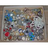 A box of costume jewellery including earrings, Modernist style, silver etc.