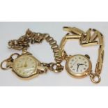 Two ladies 9ct gold wristwatches with rolled gold/plated straps.