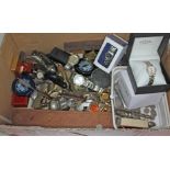 A box of assorted items including metalware, coins, costume jewellery, dominoes, a ladies Rotary