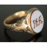 A Victorian/Edwardian agate seal ring, band unmarked, gross wt. 3.86g, size O. Condition - repair to