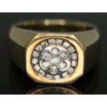 A hallmarked 9ct gold diamond signet ring, gross wt. 10.92g, size V.