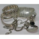 A mixed lot of hallmarked silver comprising an Albert chain, a purse and two bangles, together