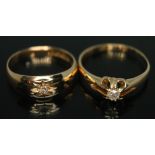 Two hallmarked 18ct gold diamond solitaire rings, gross wt. 6.58g, size N & P.