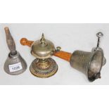 Vintage brass counter bell, dinner bells and hand bell.