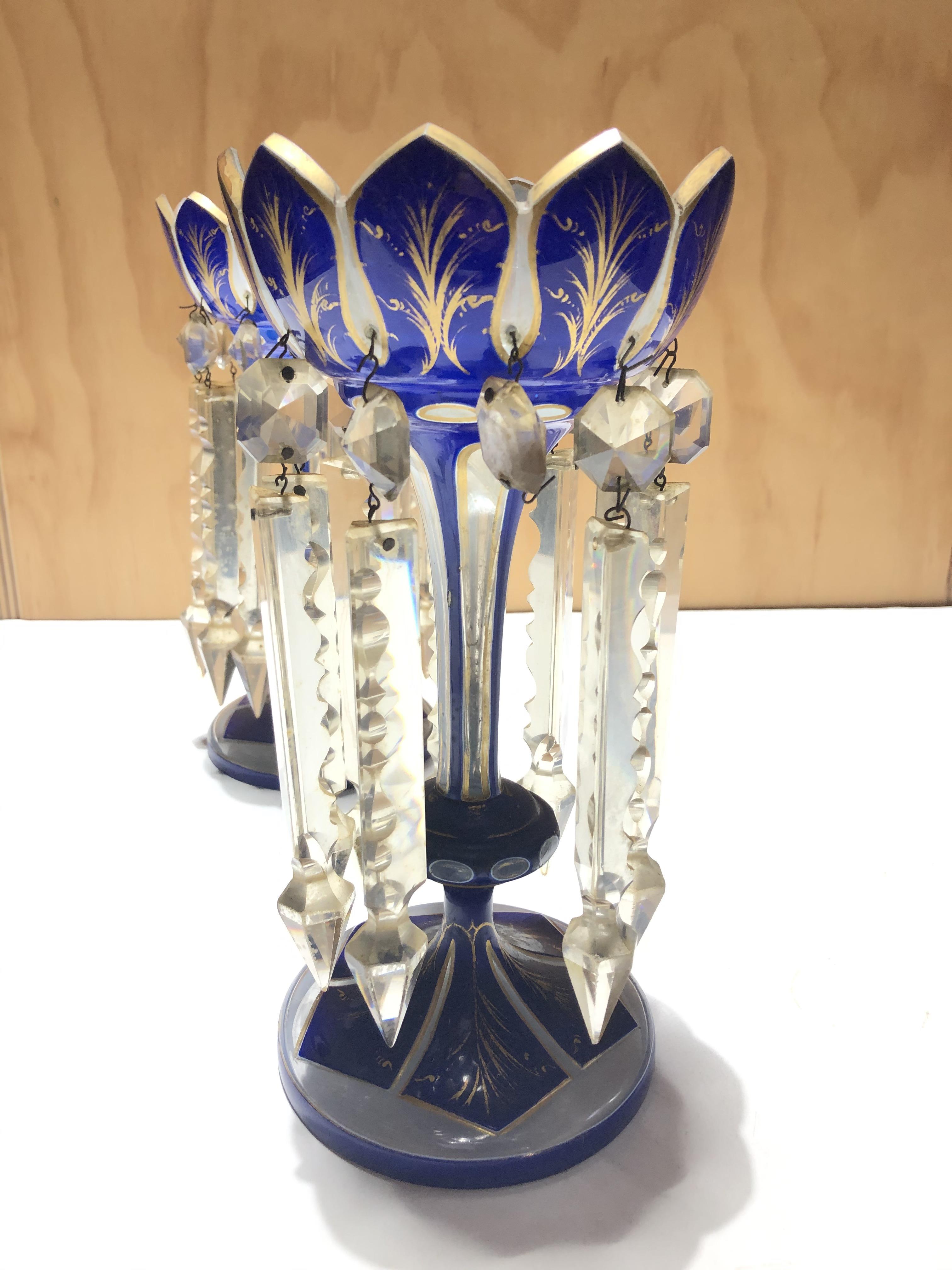 A pair of blue glass bohemian drop lustre vases together with another single red glass drop lustre - Image 6 of 9