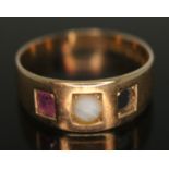 A late Victorian ruby and pearl ring, hallmarked 15ct gold band, gross wt. 3.67g, size P.