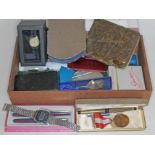 A cigar box and contents including an Irish WWII 1939-1946 medal, a Shaeffer fountain pen with 14k