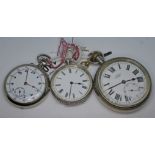 Three pocket watches comprising an unsigned Swiss silver mid sized pocket watch marked 0.935 with