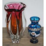 A 1960s art glass vase together with a Victorian overlaid blue glass vase, heights 26cm & 16cm.