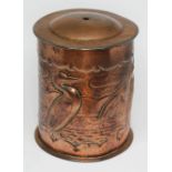 An Arts & Crafts Newlyn copper string caddy decorated with embossed seabirds, height 14cm.